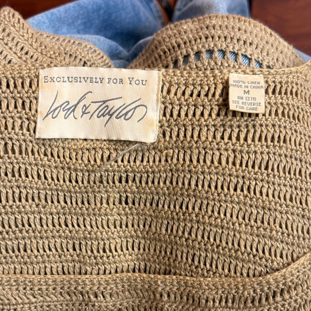 Lord & Taylor Tank Top Women Medium Green Linen Crochet Knit Coastal Cottagecore - Picture 5 of 5